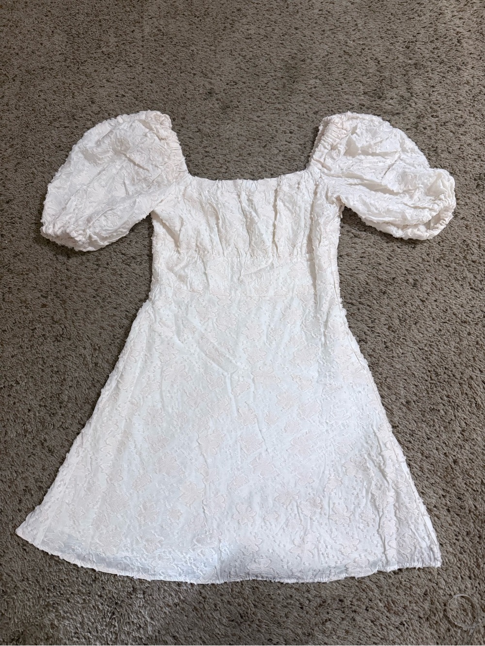 Zara White Textured Floral Mini Lace Dress with Puff Sleeves